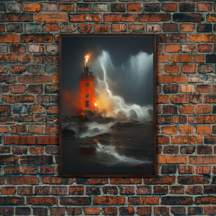 Lighthouse Oil Painting Canvas Print, Light house in a hurricane, dark stormy night, waves crashing