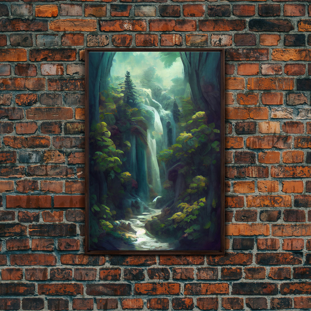 Waterfall canvas print, fantasy wall art, watercolor print, high fantasy, nature landscape living room wall art