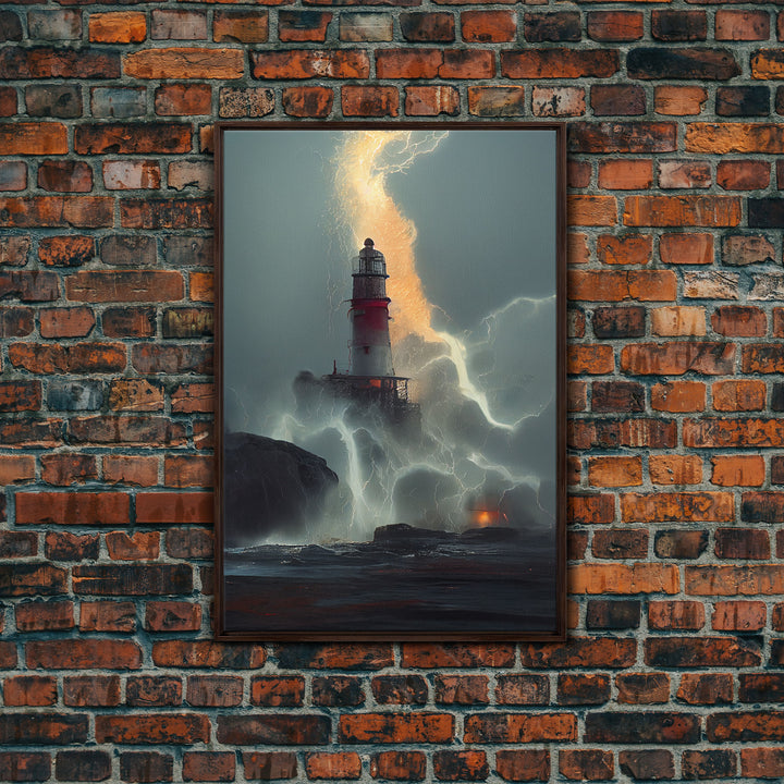 Lighthouse Oil Painting Canvas Print, Lightning striking a lighthouse during a dark stormy night, gloomy wall art