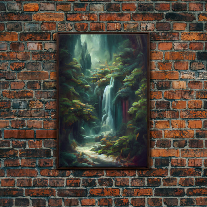 Waterfall in the forest canvas print, fantasy wall art, watercolor print, high fantasy, nature landscape living room wall art