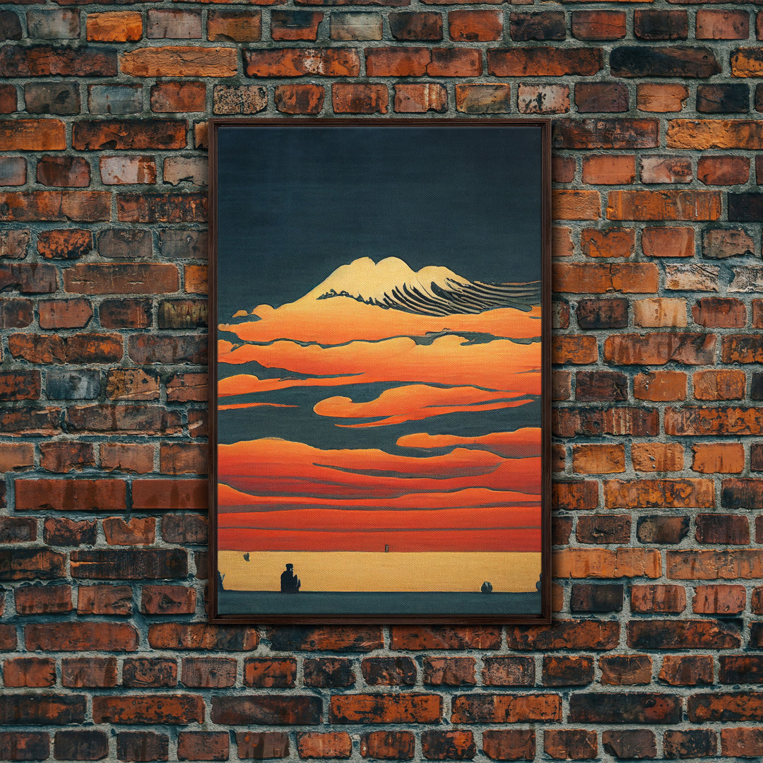 Retro Japanese style wall art, sunrise over the mountains, canvas print, woodblock print style art, Hokusai vintage style wall art