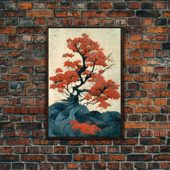 Japanese maple tree canvas print, vintage style wall art, woodblock print style wall art