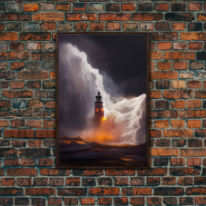 Lightning striking a burning lighthouse, canvas print, oil painting style, dark and gloomy wall art