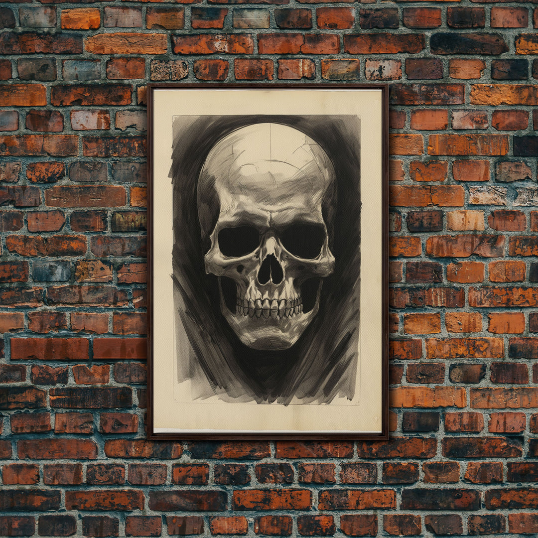 The Death Mask, Charcoal Sketch, Framed Canvas Print, Halloween Decor, Halloween Wall Art, Skull Portrait, Oddities, Witchy Decor