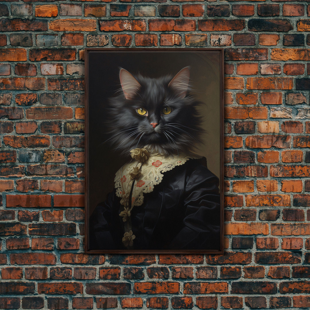 Victorian Cat Portrait, Funny Halloween Decor, Cute Cat Halloween Art, Framed Canvas Print