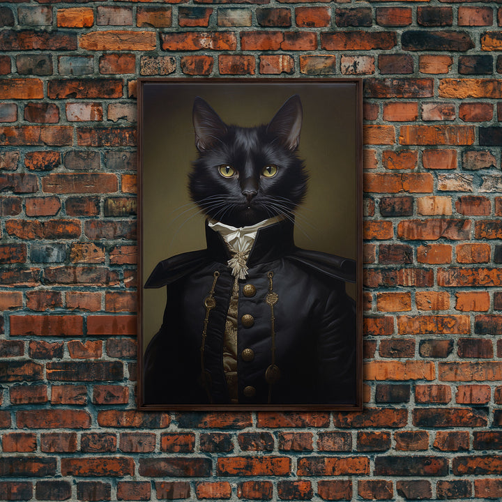 Admiral Meow Reporting For Duty, Victorian Cat Portrait Art, Framed Canvas Print, Gothic Dark Academia Wall Art