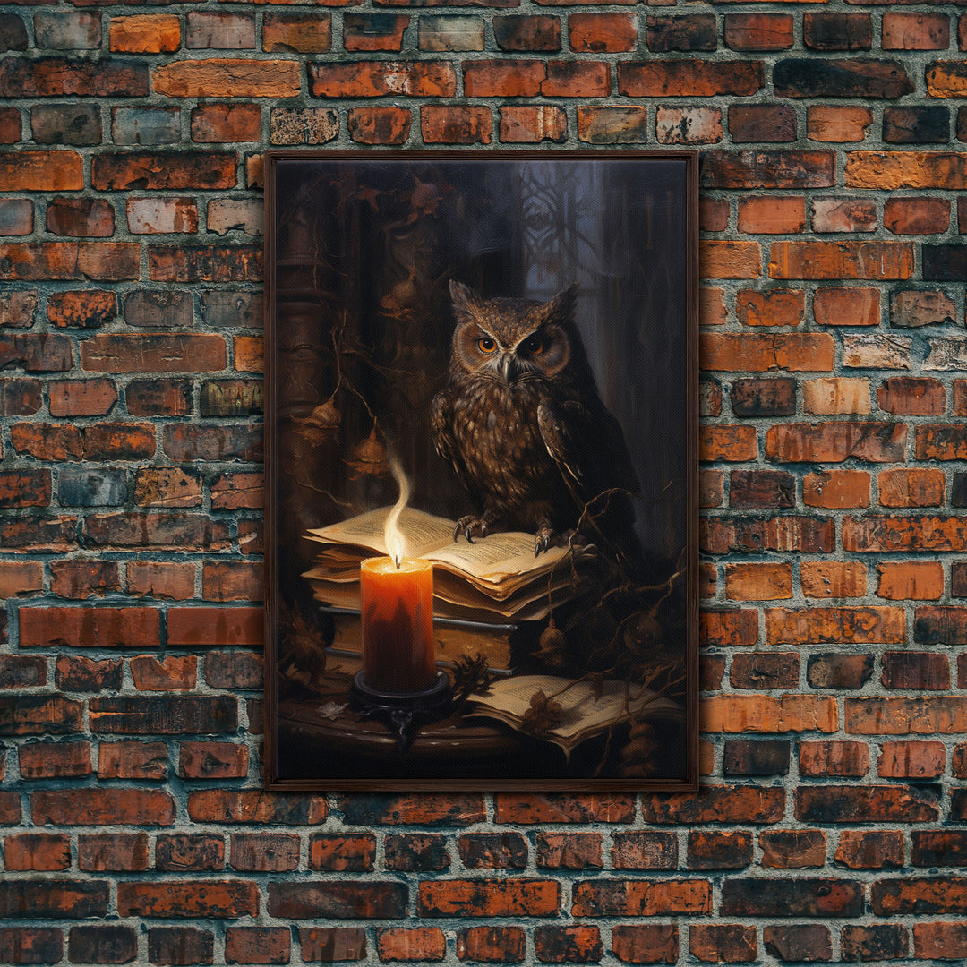 The Witch's Familiar, Framed Canvas Print, Halloween Decor, Halloween Canvas Art, Victorian Owl Oil Painting