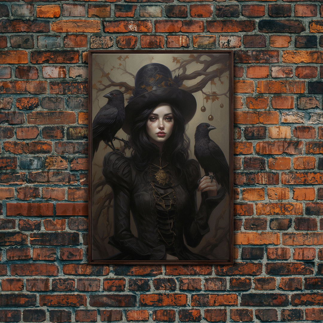 The Witch and Her Ravens, Framed Canvas, Oil Painting Print, Halloween Decor, Gothic Art, Dark Academia, Witchcraft Halloween Art