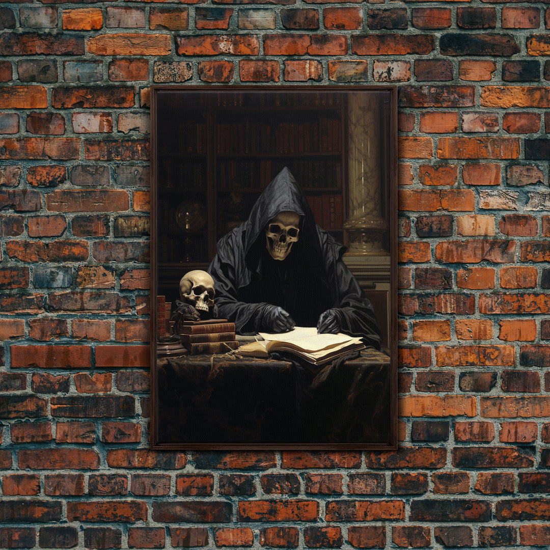 The Grim Reaper In His Study, Gothic Halloween Decor, Framed Canvas Print, Scary Horror Art, Goth Decor, Moody Oil Painting, Dark Academia