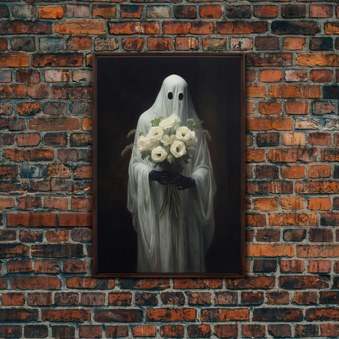 The Ghost With The Flowers, Halloween Canvas Print, Framed Canvas, Unique Wall Art, Goth Art, Dark Academia, Witch Art, Witchcraft