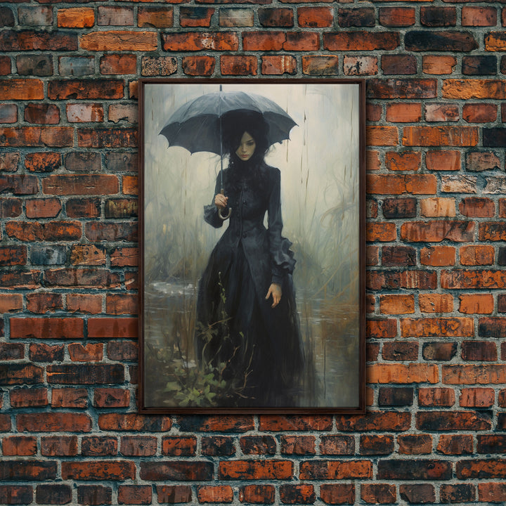 Victorian Witch In The Rain, Halloween Decor, Framed Canvas Print, Halloween Poster Art, Victorian Oil Painting, Goth Decor