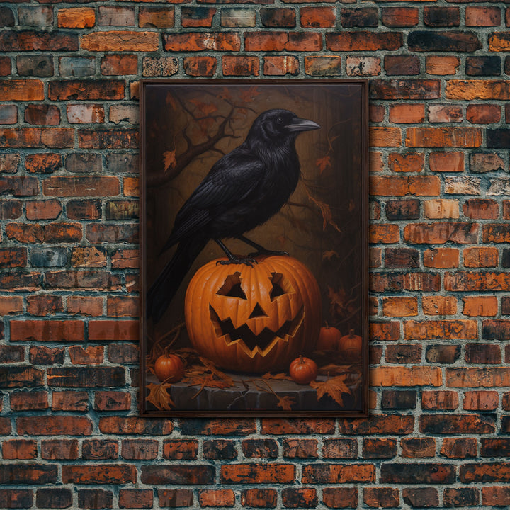 Crow Atop A Jack O Lantern, Framed Canvas Print, Halloween Decor, Raven Painting, Victorian Oil Painting Print, Macabre Horror Print