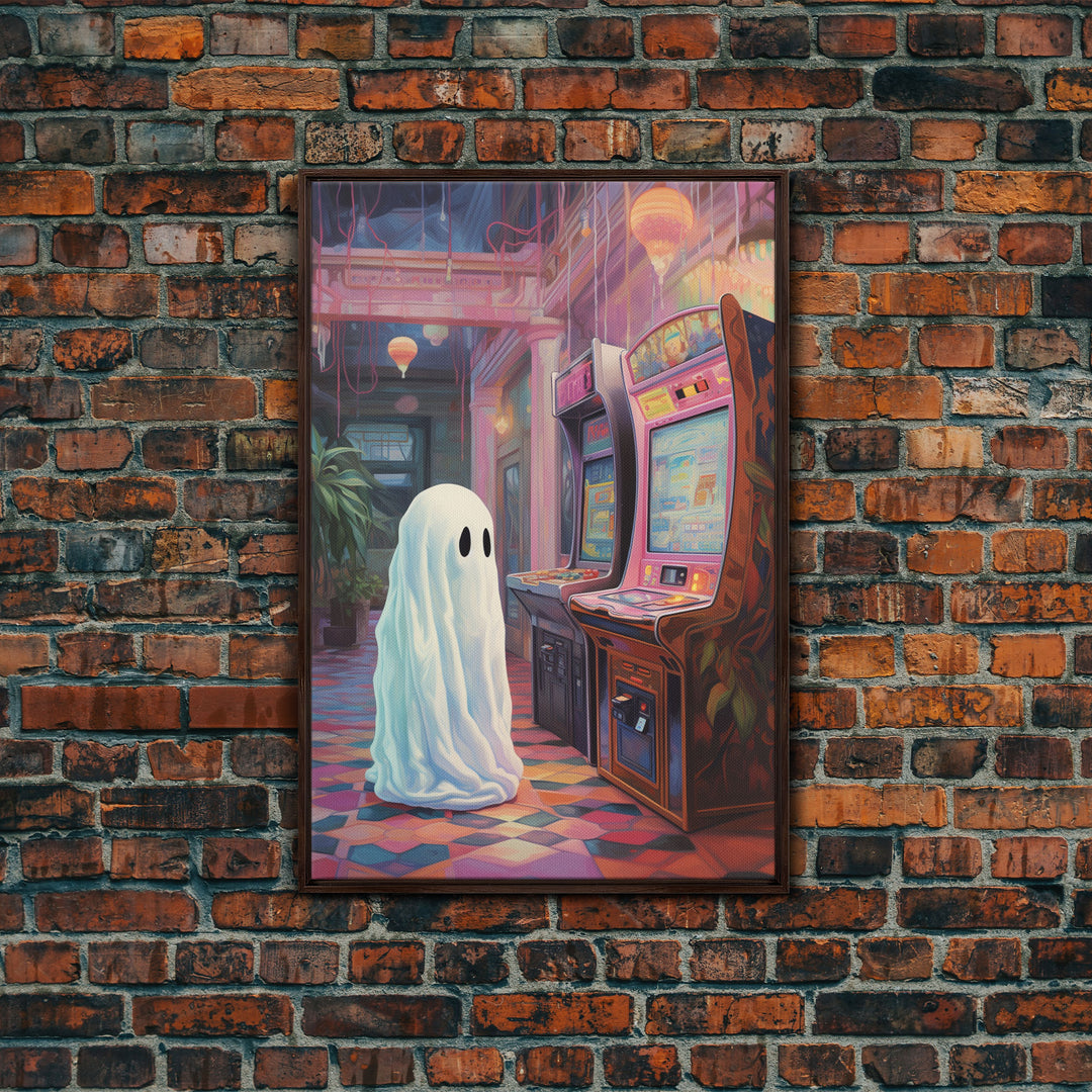 Cute Little Boo, The Phantom Of The Arcade, Vaporwave Style Halloween Decor, Vintage Halloween, Retro Vibes Horror Print, Ghost Art