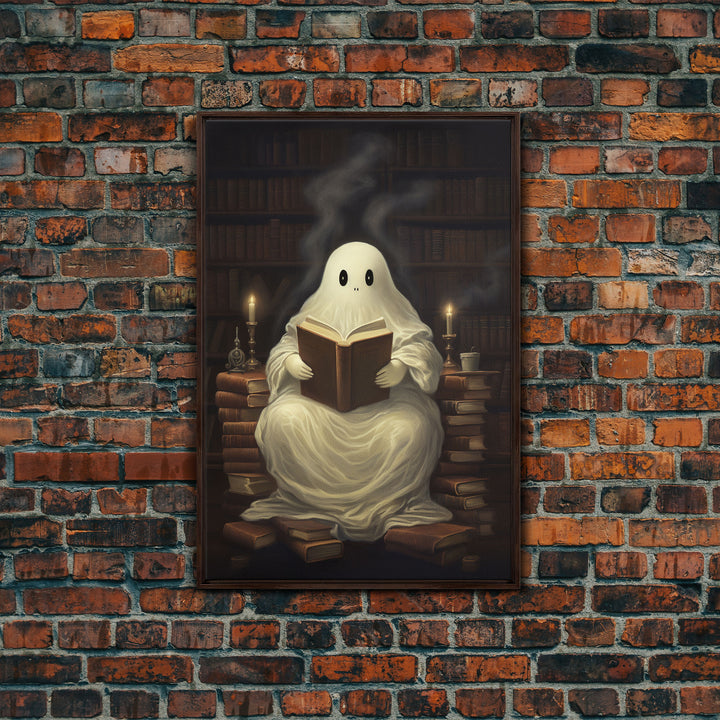 The Reading Ghost, Victorian Halloween Art, Funny Halloween, Framed Canvas, Halloween Canvas Art, Macabre Goth Art