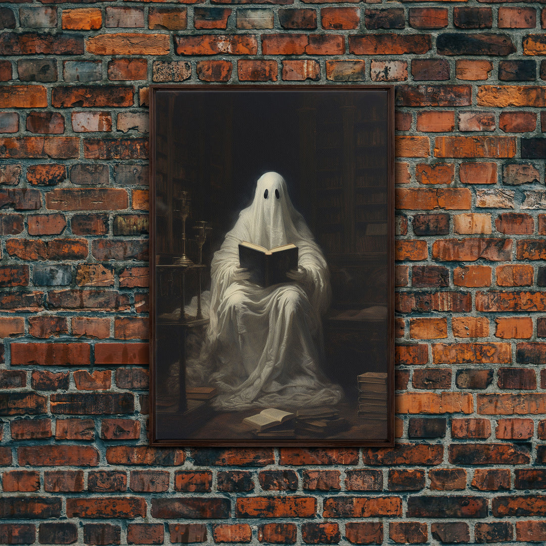 The Reading Ghost, Victorian Halloween Art, Funny Halloween, Framed Canvas, Halloween Canvas Art, Macabre Goth Art