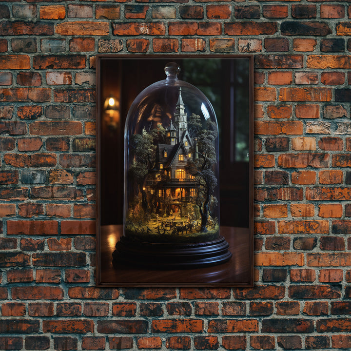 Halloween Snowglobe Art, Framed Canvas Print, Haunted Victorian Mansion In A Bubble, Tiny Worlds, Mini Worlds Art, Vintage Halloween Art