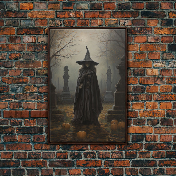 The Witch In The Cemetary, Vintage Halloween Witch Art, Halloween Canvas Printed / Framed Canvas, Witchy Decor, Witchcraft, Dark Academia