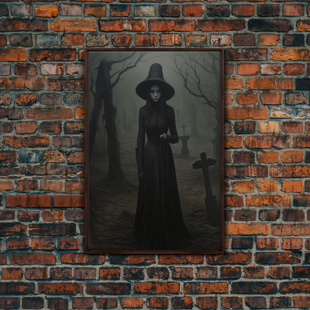 The Witch In The Cemetary, Vintage Halloween Witch Art, Halloween Canvas Printed / Framed Canvas, Witchy Decor, Witchcraft, Dark Academia