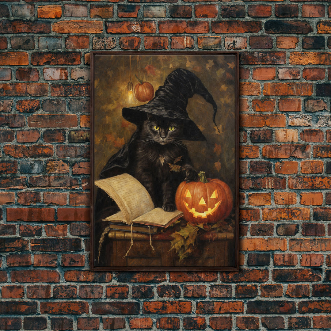 Cute Witch Cat Reading Her Book Of Spells, Vintage Halloween Art, Framed Canvas Print, Halloween Canvas Art, Witchcraft