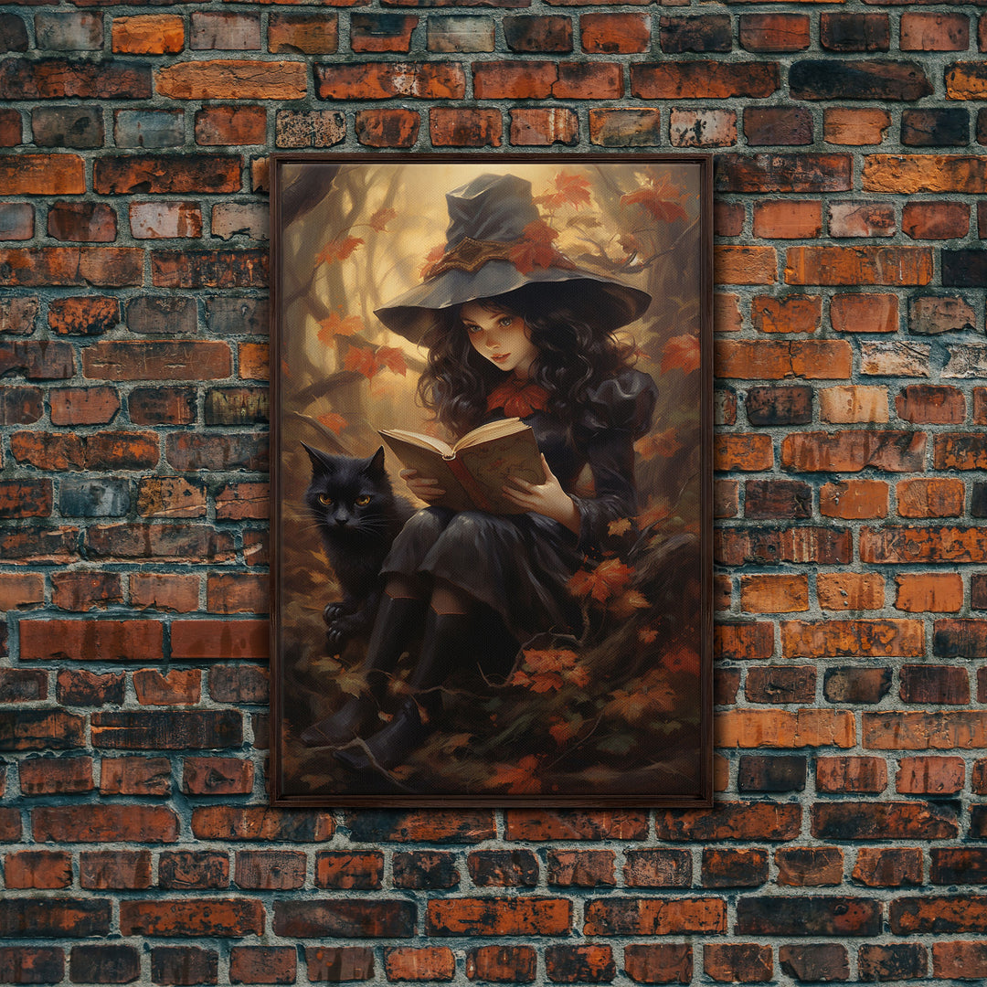 Cute Little Witch Reading Spells To Her Black Cat Familiar, Vintage Halloween Art, Framed Canvas Print, Halloween Canvas Art, Witchcraft