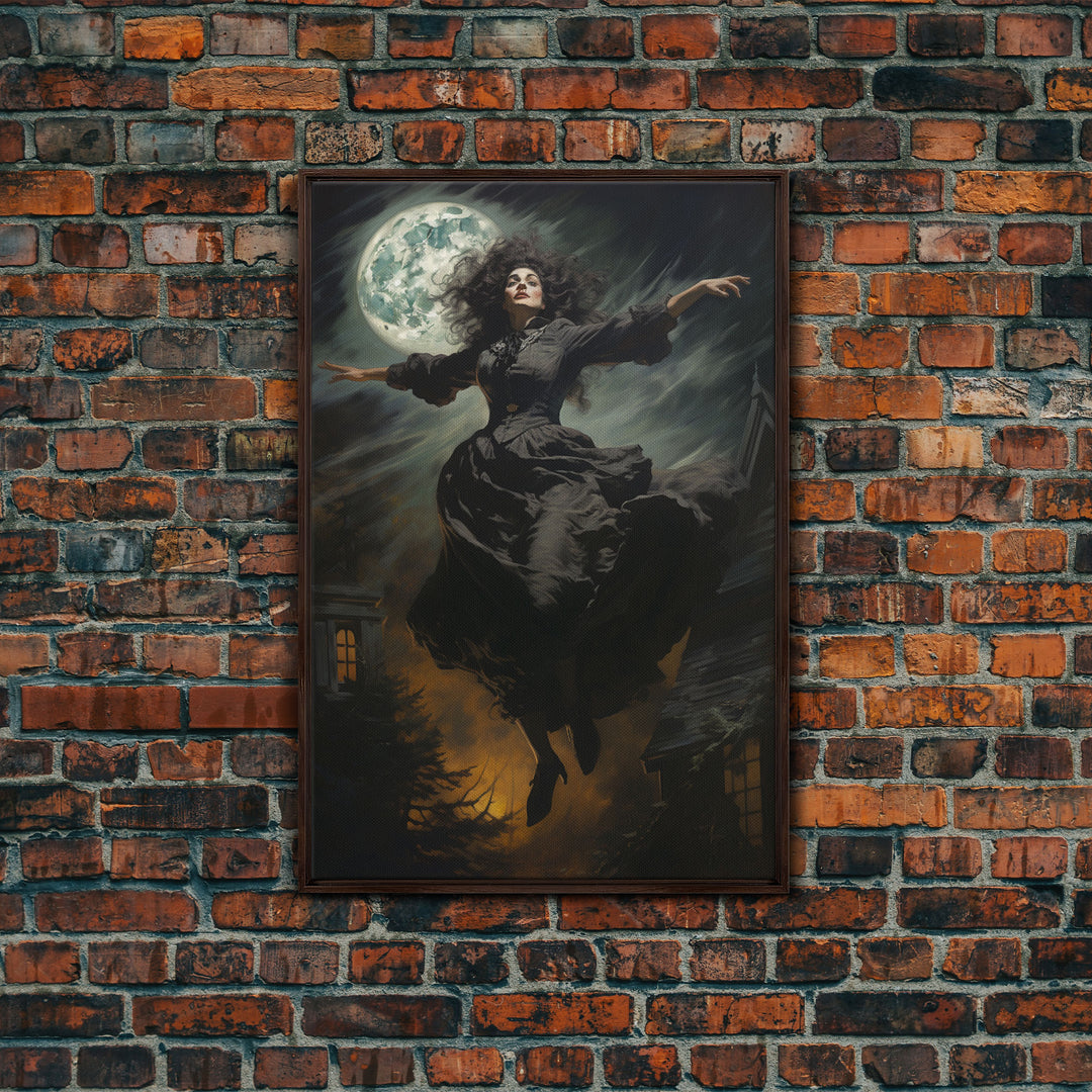 The Wicked Witch, Halloween Canvas, Framed Canvas Print, Spooky Gothic Oil Painting, Witch Flying Through The Air Against A Full Moon, Witch