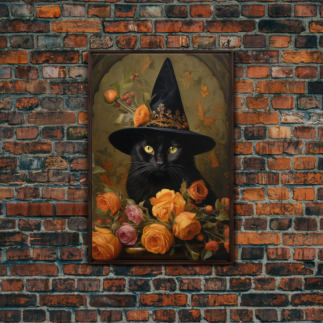 Cute Witch's Familiar Cat Halloween Art, Cat Witch, Cat Painting, Cute Cat Print, Halloween Decor, Black Cat Print, Framed Canvas / Canvas