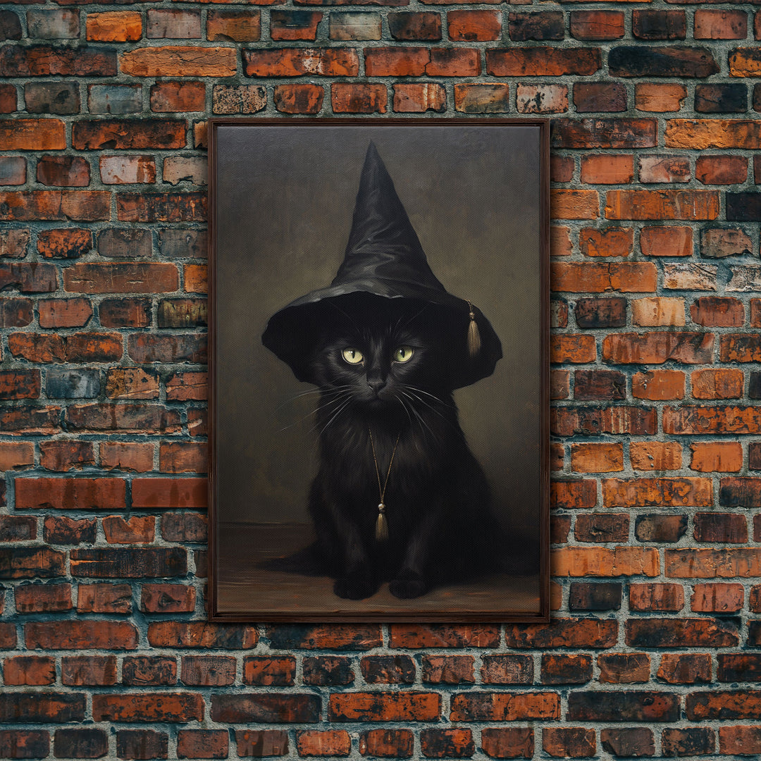 Cute Witch's Familiar Cat Halloween Art, Cat Witch, Cat Painting, Cute Cat Print, Halloween Decor, Black Cat Print, Framed Canvas / Canvas