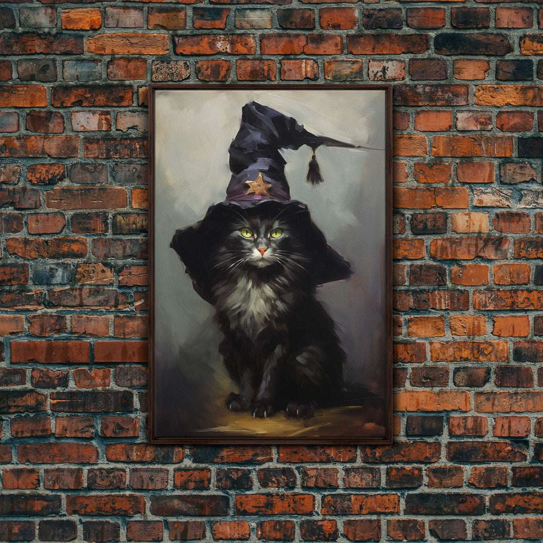 The Wizard Cat, Framed Canvas Print, Dark Academia Halloween Art, Victorian Cat Oil Painting, Goth Halloween Decor