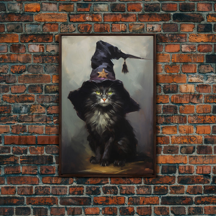 The Wizard Cat, Framed Canvas Print, Dark Academia Halloween Art, Victorian Cat Oil Painting, Goth Halloween Decor