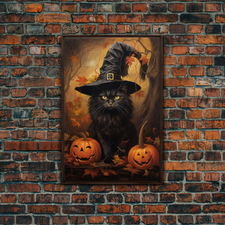 The Witch Cat With Her Jack O Lanterns, Framed Canvas Print, Dark Academia Halloween Art, Victorian Cat Oil Painting, Goth Halloween Decor