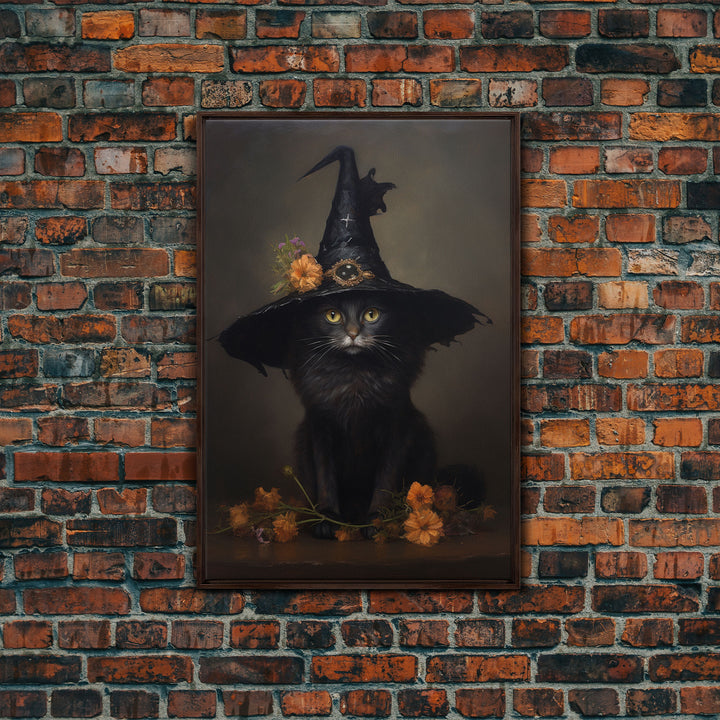 The Witch Cat With A Flower In Her Cap, Framed Canvas Print, Dark Academia Halloween Art, Victorian Cat Oil Painting, Goth Halloween Decor