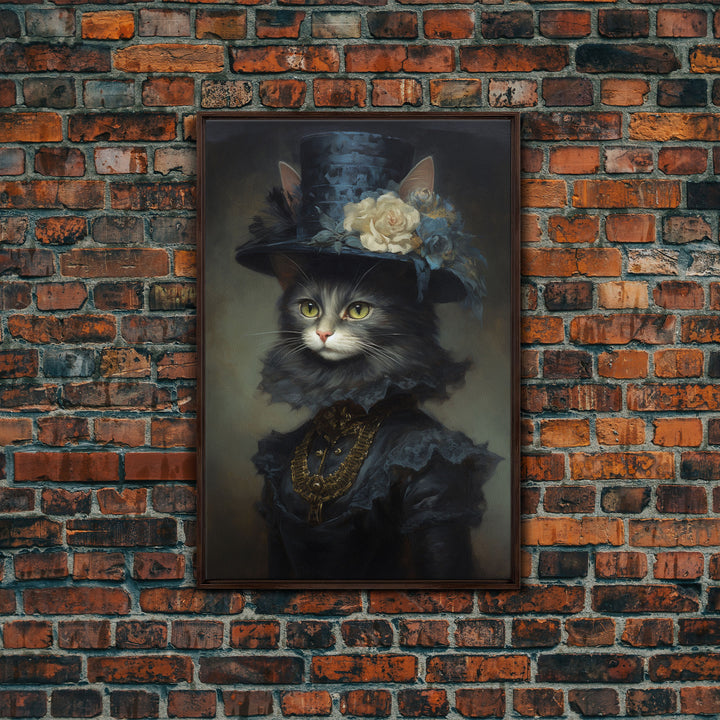 Victorian Cat Portrait, Framed Canvas Print, Oil Painting, Halloween Decor, Cute Halloween Wall Art, Funny Halloween Decor