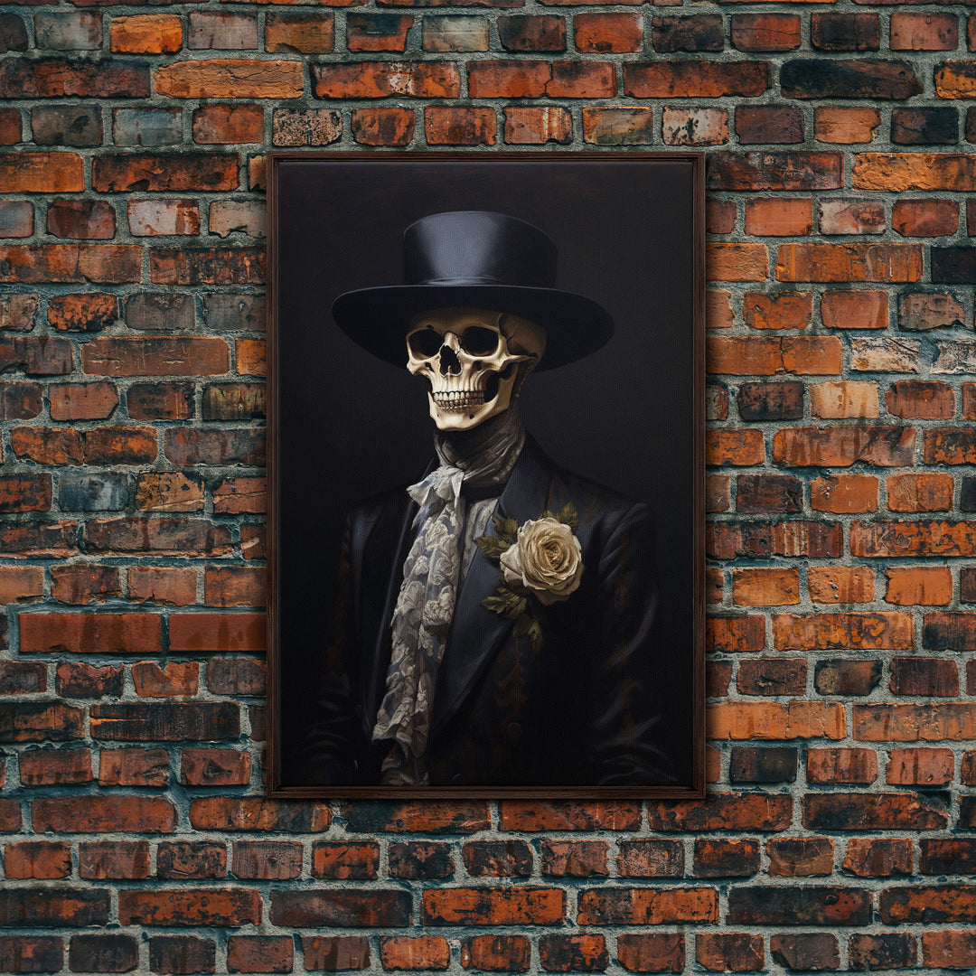 The Dapper Skeleton, Spooky Halloween Wall Art, Canvas Print, Framed Halloween Canvas Print, Dark Academia, Goth Art