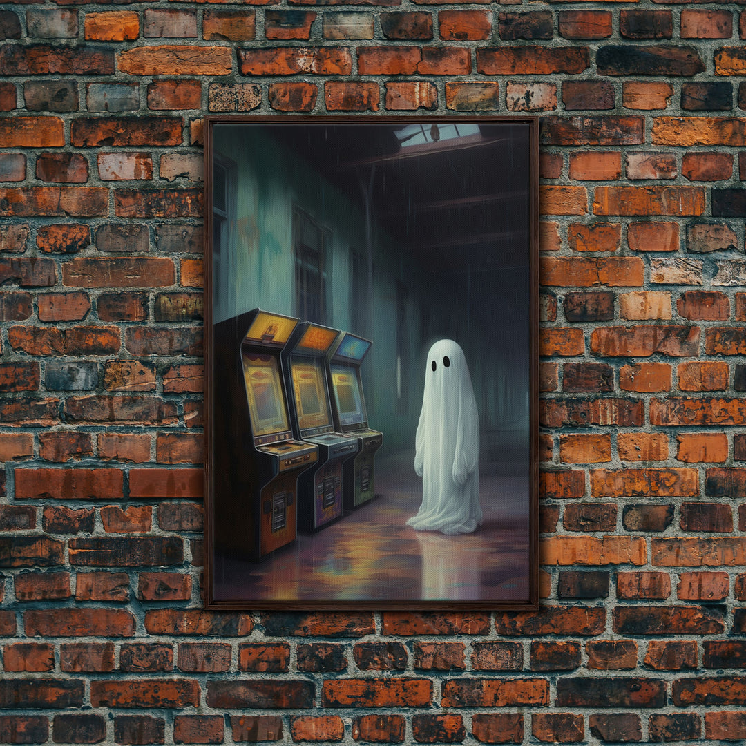 Ghost in an Abandoned Arcade, Nostalgia Canvas, Art Canvas Print, Dark Academia, Gothic Retro, Game Room Art, Halloween Decoration