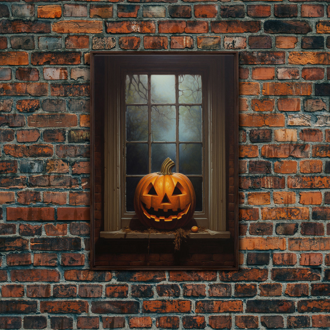 Spooky Jack O' Lantern In A Window Sill, Framed Canvas Print, Halloween Canvas, Halloween Art, Dark Academia, Art Canvas Print