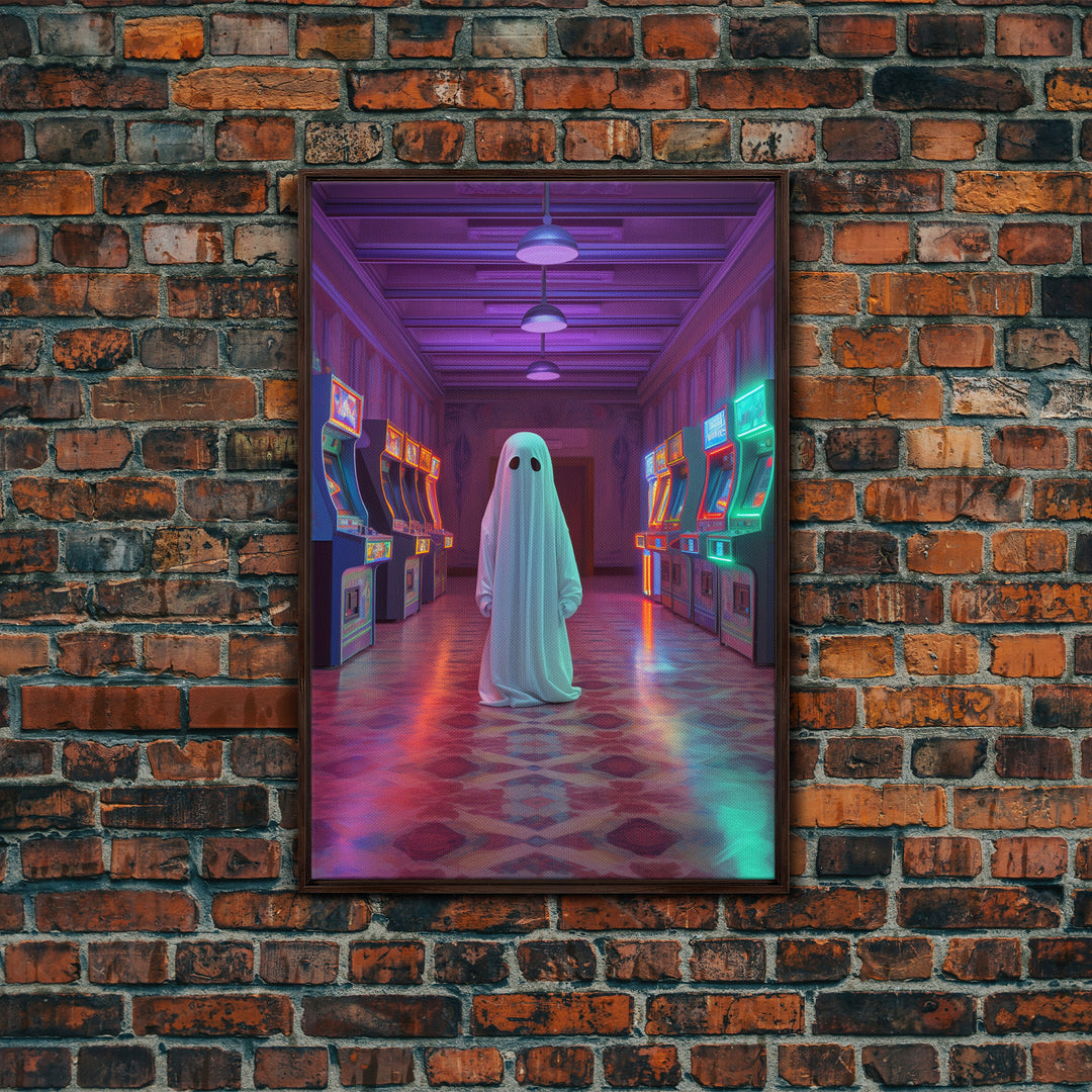 The Phantom Of The Arcade, Framed Canvas Print, Retro Vaporwave Halloween Mashup Art, Halloween Canvas Prints