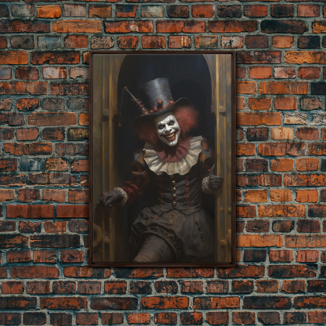 Scary Victorian Clown, Coulrophobia, Framed Canvas Print, Victorian Gothic Halloween Art, Oddities and Curiosities, Halloween Decoration