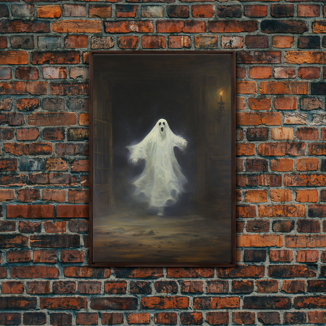 The Haunted Library, Spooky Gothic Victorian Ghost, Halloween Decor, Framed Canvas Print, Halloween Canvas Art