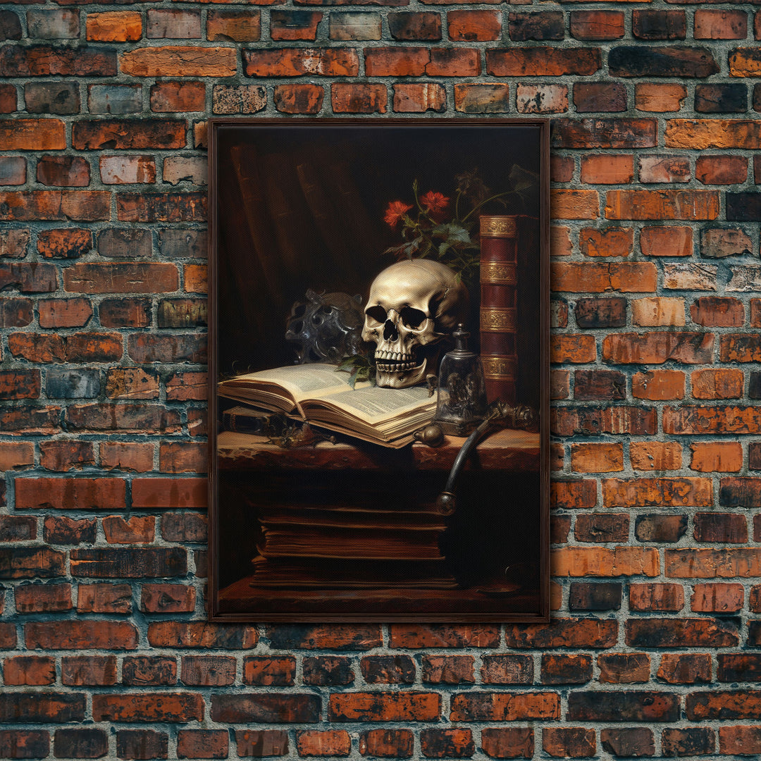 Victorian Book Shelf With Skull, Vintage Canvas, Art Canvas Print, Dark Academia, Gothic Victorian, Reading Gifts, Halloween Decoration