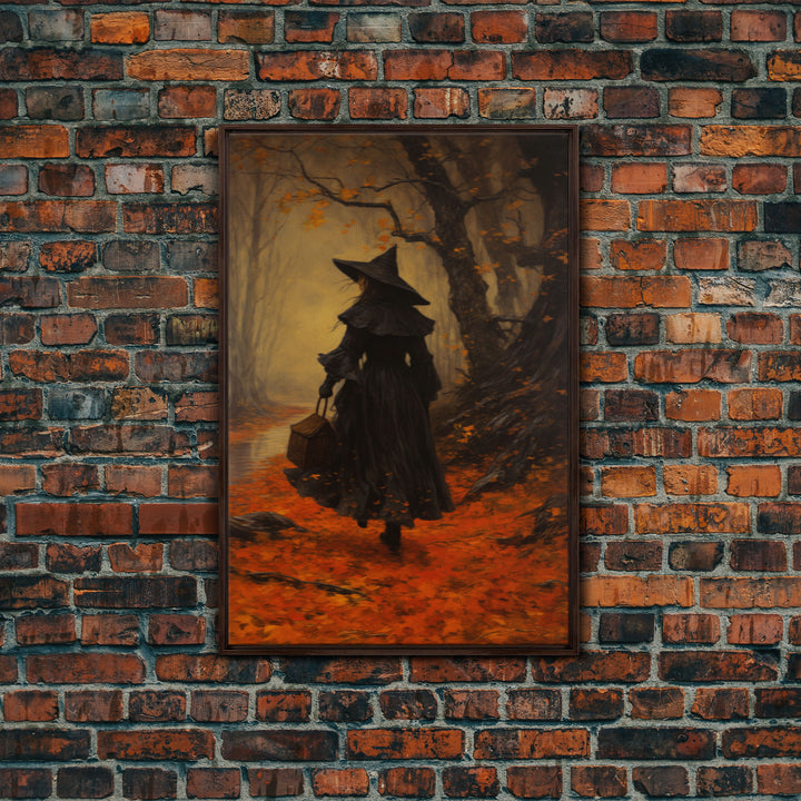 The Witch, Witch Decor, Halloween Witch, Framed Canvas, Retro Hallowen Wall Art, Halloween Canvas, Witch Painting, Fall Decor, Fall Leaves