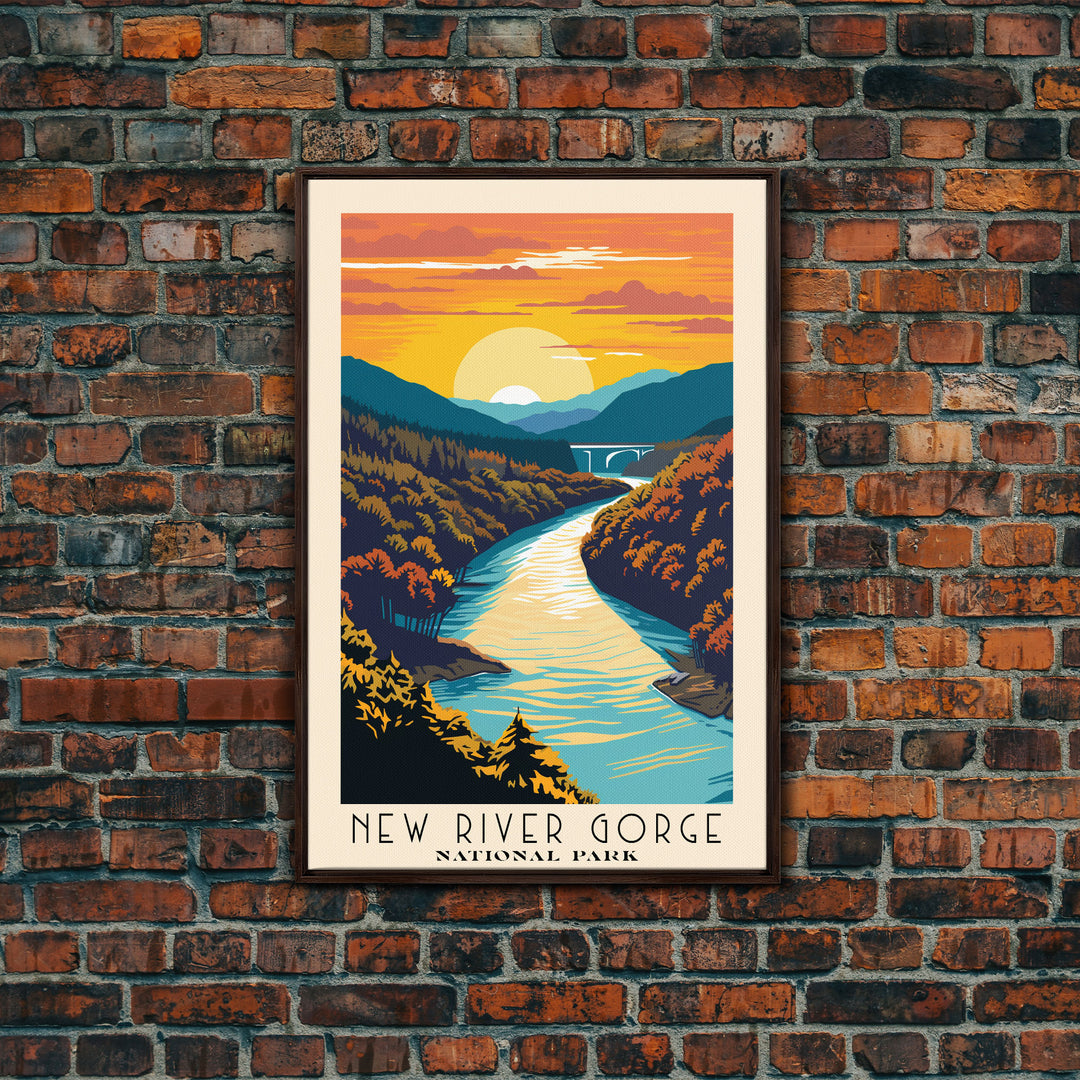 New River Gorge National Park Travel Art, National Park Print, Minimalist Travel Art, Midcentury Modern Style Landscape Painting