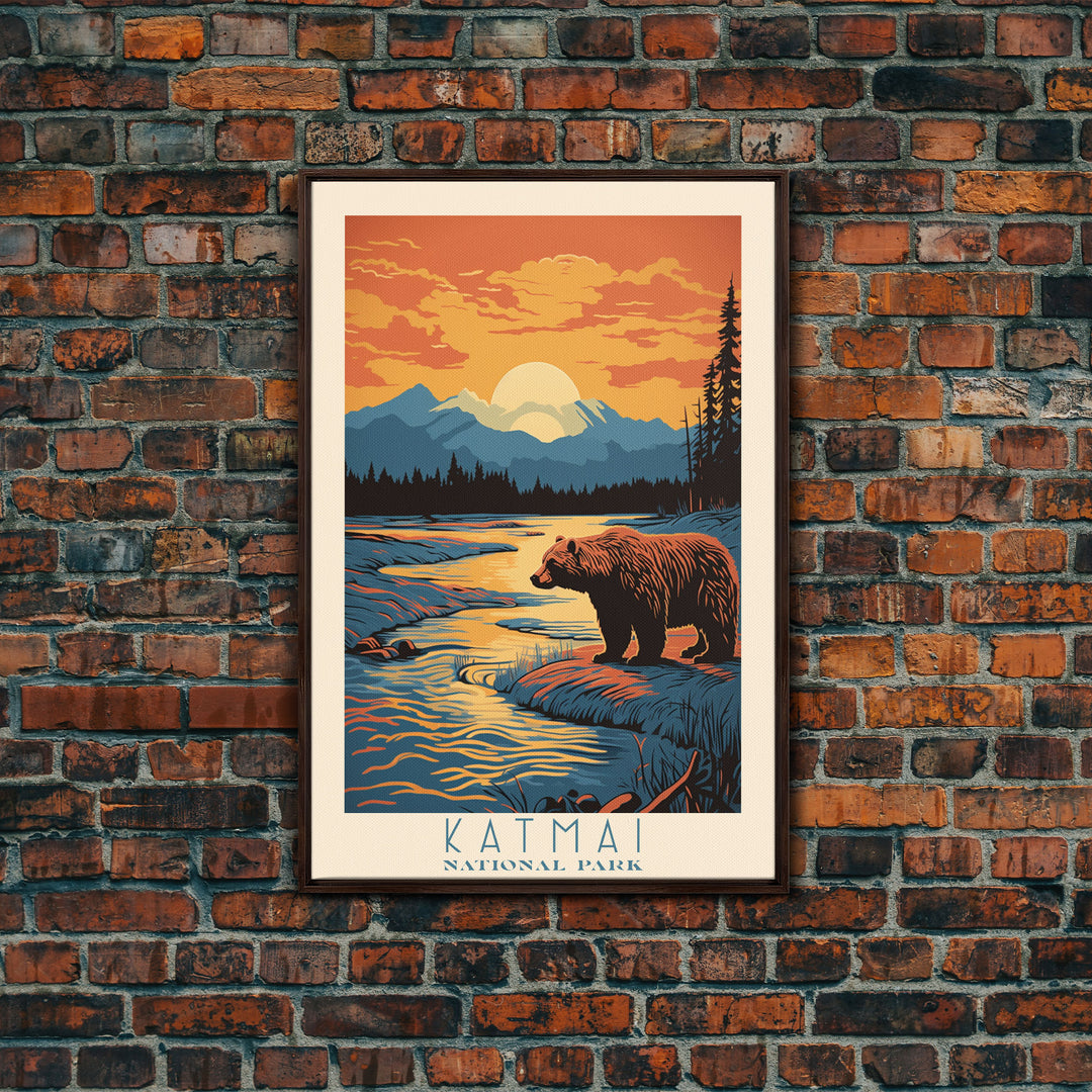 Katmai National Park Alaska Travel Art, National Park Print, Minimalist Travel Art, Midcentury Modern Style Landscape Painting