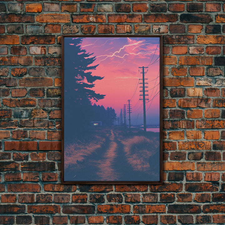 Lightning At Sunset, Framed Canvas Print, Vaporwave Aesthetic Wall Art, Liminal Spaces Photography Print, Dorm Room Decor, Retro Art