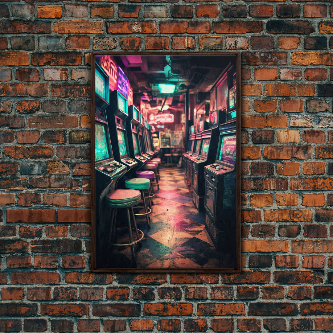 An Abandoned Game Room, Framed Canvas Print, Vaporwave Photography Fine Art Print, Aesthetic Decor, Colorful Art, Arcade Room Art