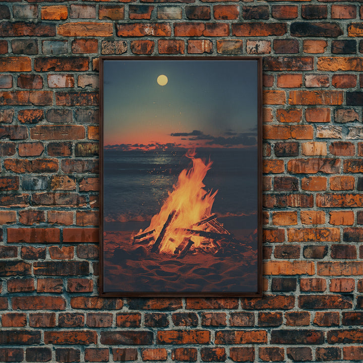 Beach Campfire Under A Full Moon, Photography Print, Framed Canvas Print, Beach House Decor, Coastal Decor, Beach Print, Beach Art