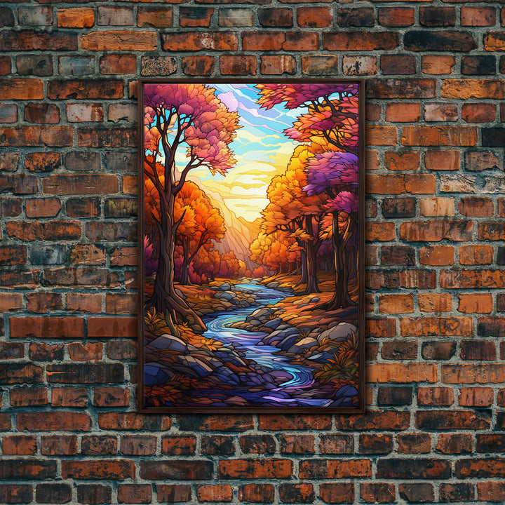 Beautiful Fall Decor, Framed Canvas Print, Mosaic / Stained Glass Style Painting, Gliclee Print, Autumn Decor, Thanksgiving Decorations