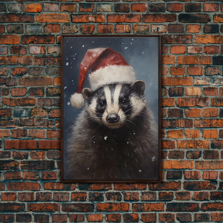 Cute Christmas Badger In A Santa Hat, Framed Canvas Print, Christmas Art, Christmas Decor, Christmas Art Print, Christmas Wall Art