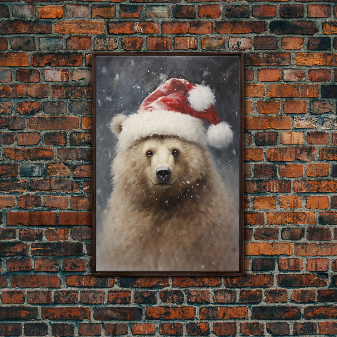 Cute Christmas Bear In A Santa Hat, Christmas Art, Christmas Decor, Christmas Wall Art, Christmas Painting, Vintage Christmas