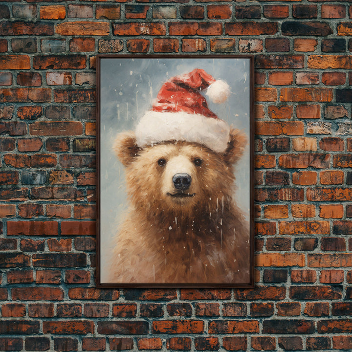 Cute Christmas Bear In A Santa Hat, Framed Canvas Print, Christmas Art, Christmas Decor, Christmas Art Print, Christmas Wall Art