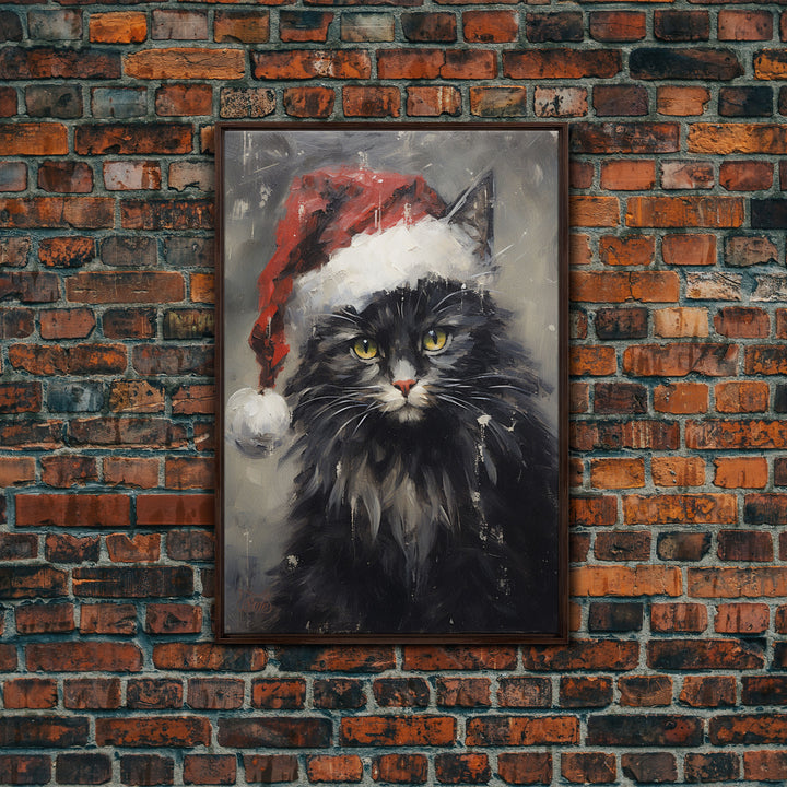 Christmas Cat In His Christmas Hat, Framed Canvas Print, Holiday Decor, Framed Canvas Print, Seasonal Wall Art